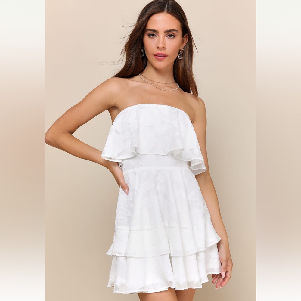 Lulus True Lover White Burnout Floral Ruffled Strapless Mini Dress